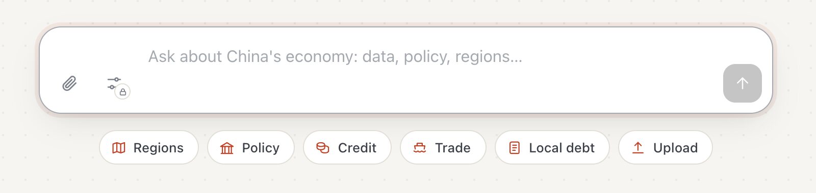 Econ Talk interface with a research question field and topic suggestions.